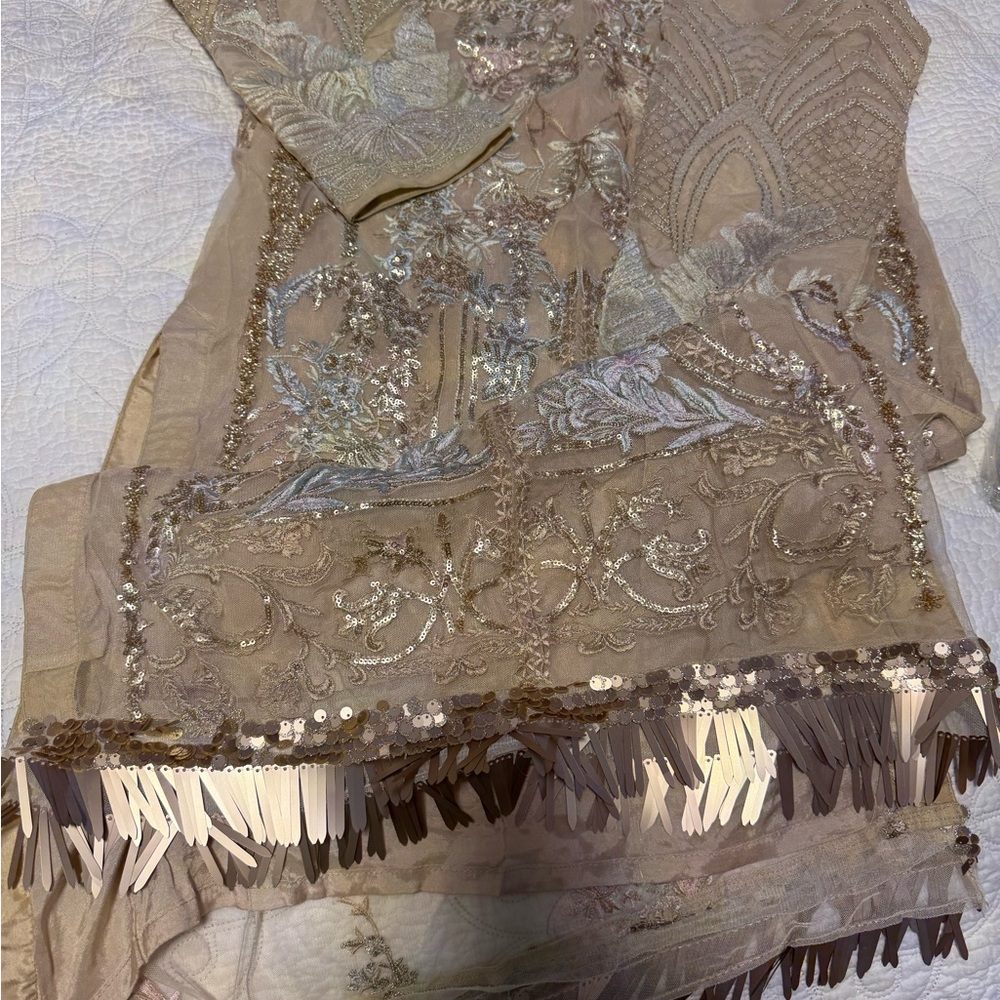 Elegant Long Sleeve Embroidered Dress /Kameeze Pants and Dupatta